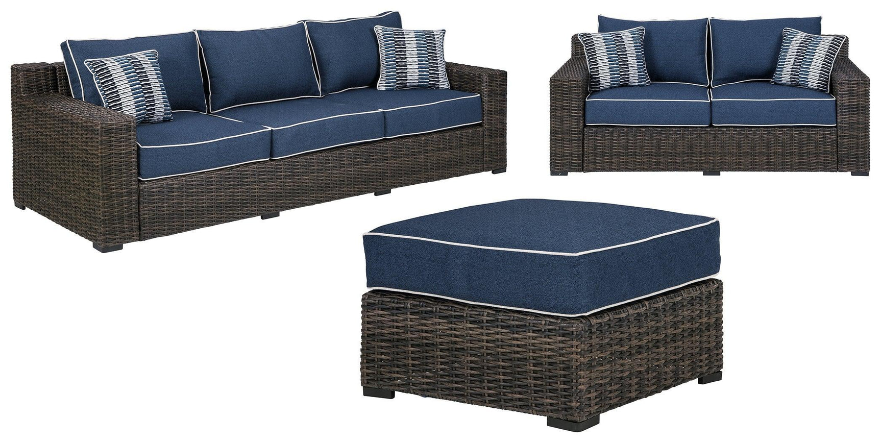 Grasson Brown/blue Lane Outdoor Sofa, Loveseat And Ottoman - Ella Furniture