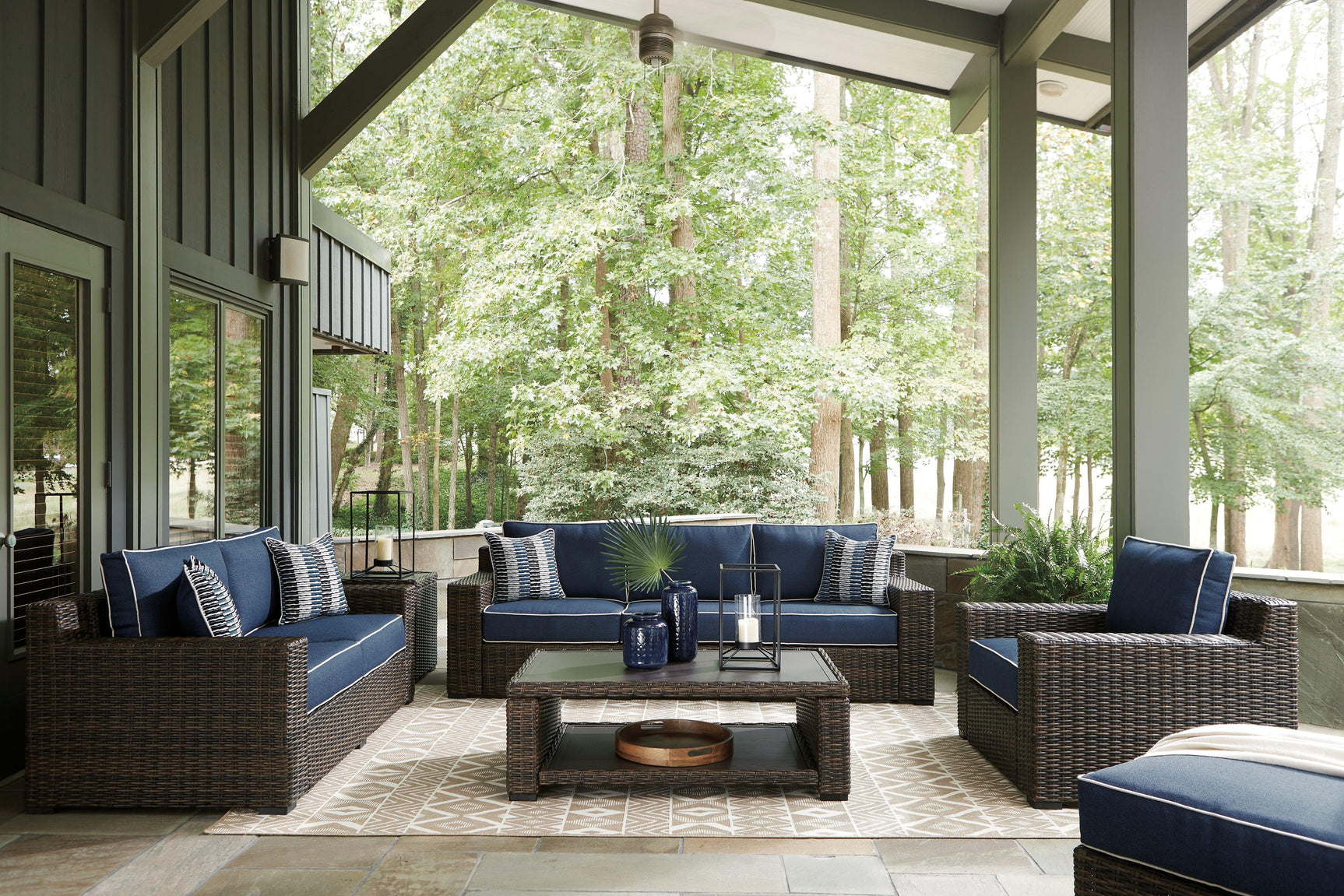 Grasson Brown/blue Lane Outdoor Sofa, Loveseat, Lounge Chair And Ottoman With Coffee Table And End Table - Ella Furniture