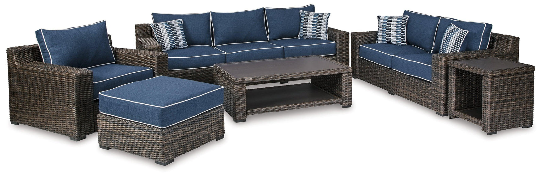 Grasson Brown/blue Lane Outdoor Sofa, Loveseat, Lounge Chair And Ottoman With Coffee Table And End Table - Ella Furniture