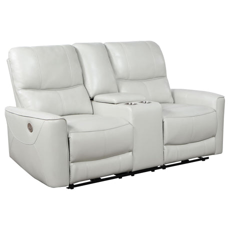 Greenfield Upholstered Power Reclining Loveseat With Console Ivory 610262P - Ella Furniture