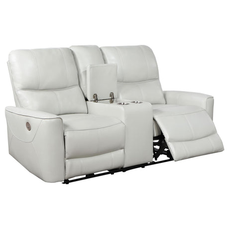 Greenfield Upholstered Power Reclining Loveseat With Console Ivory 610262P - Ella Furniture