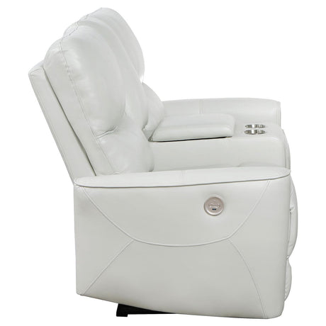 Greenfield Upholstered Power Reclining Loveseat With Console Ivory 610262P - Ella Furniture