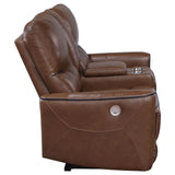 Greenfield Upholstered Power Reclining Loveseat With Console Saddle Brown 610265P - Ella Furniture