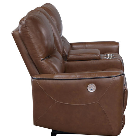 Greenfield Upholstered Power Reclining Loveseat With Console Saddle Brown 610265P - Ella Furniture