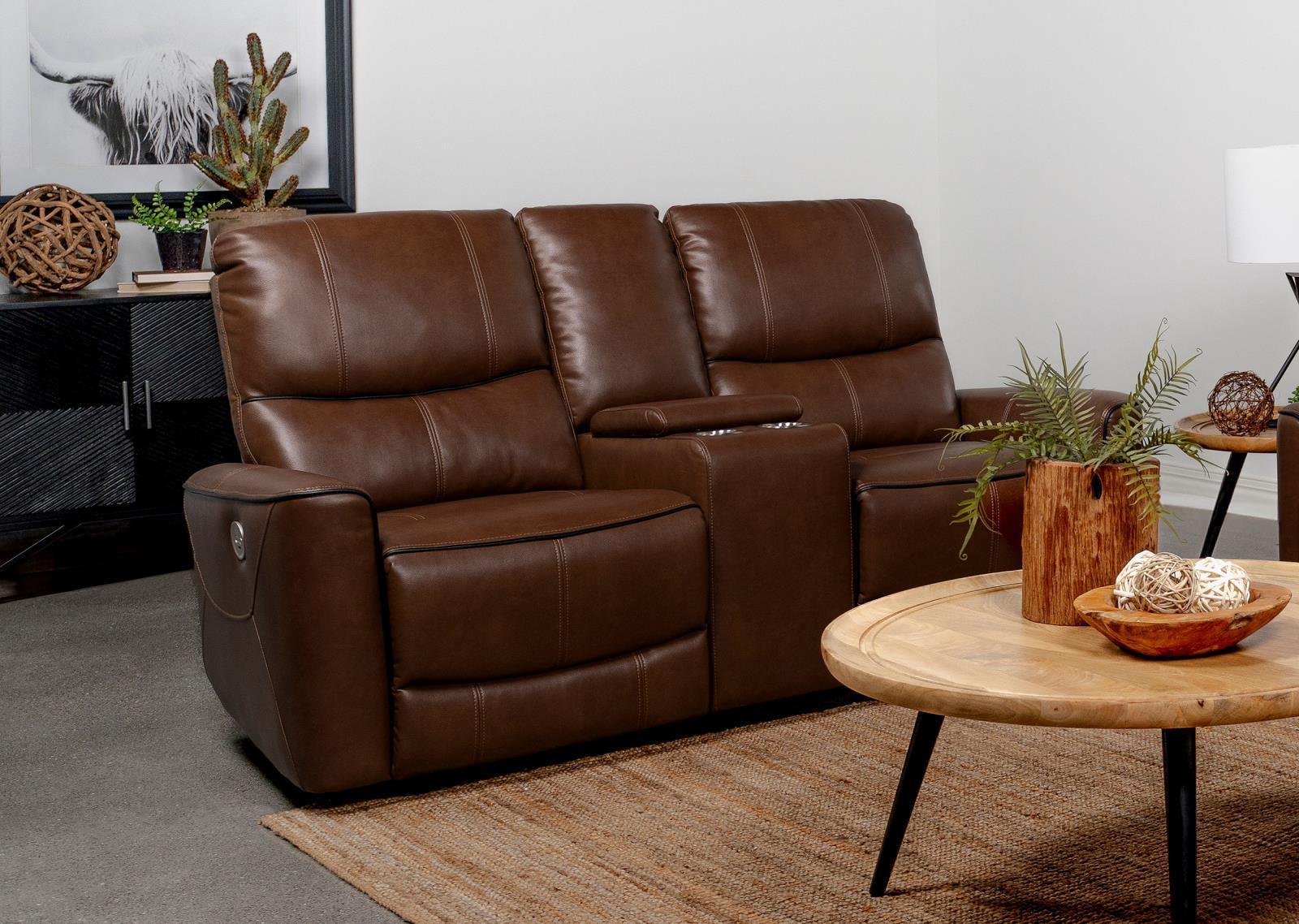 Greenfield Upholstered Power Reclining Loveseat With Console Saddle Brown 610265P - Ella Furniture