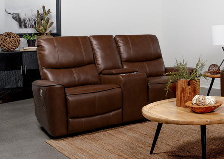 Greenfield Upholstered Power Reclining Loveseat With Console Saddle Brown 610265P - Ella Furniture