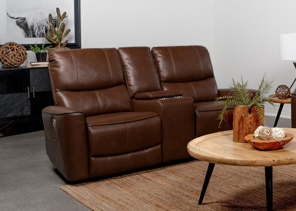 Greenfield Upholstered Power Reclining Loveseat With Console Saddle Brown 610265P - Ella Furniture