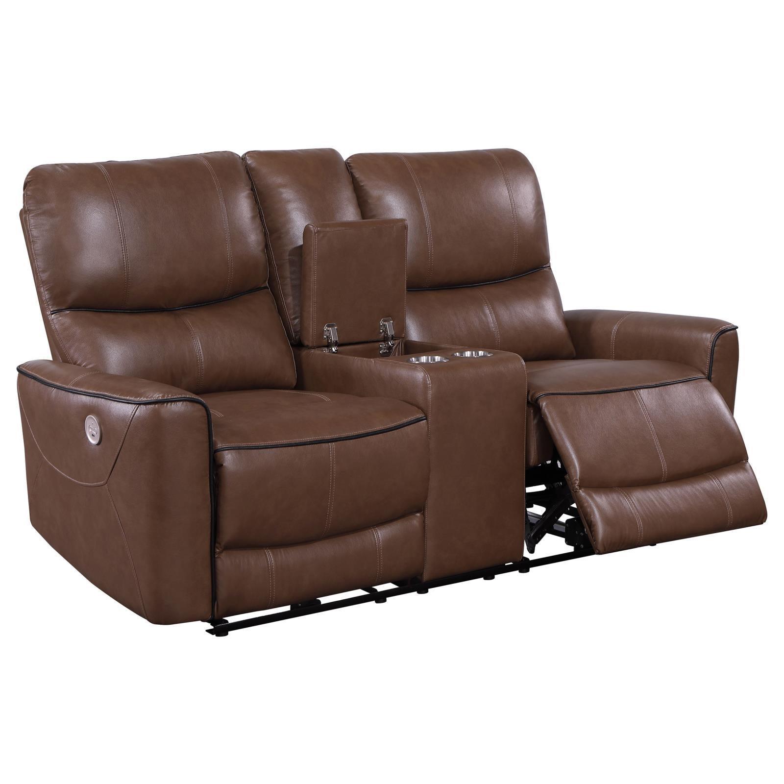 Greenfield Upholstered Power Reclining Loveseat With Console Saddle Brown 610265P - Ella Furniture