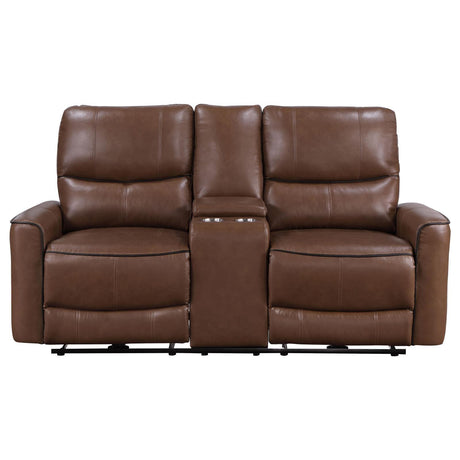 Greenfield Upholstered Power Reclining Loveseat With Console Saddle Brown 610265P - Ella Furniture