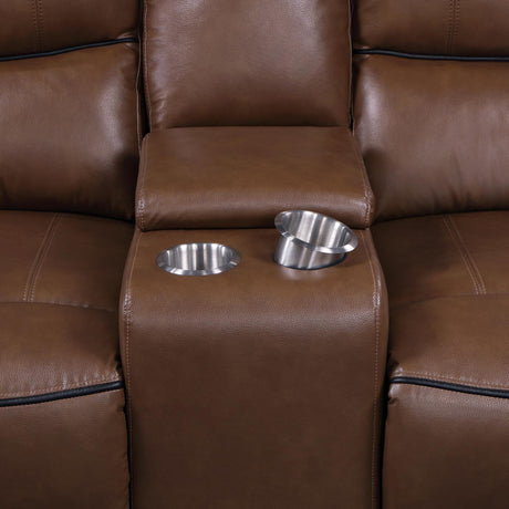 Greenfield Upholstered Power Reclining Loveseat With Console Saddle Brown 610265P - Ella Furniture