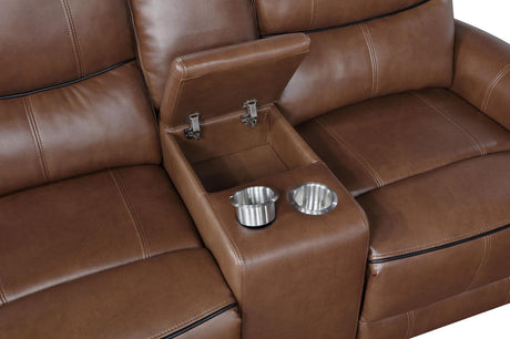 Greenfield Upholstered Power Reclining Loveseat With Console Saddle Brown 610265P - Ella Furniture