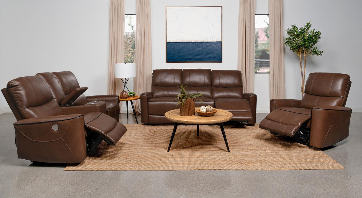Greenfield Upholstered Power Reclining Loveseat With Console Saddle Brown 610265P - Ella Furniture