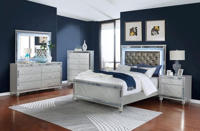 Gunnison Silver Metallic Panel With LED Lighting Bedroom Set - Ella Furniture