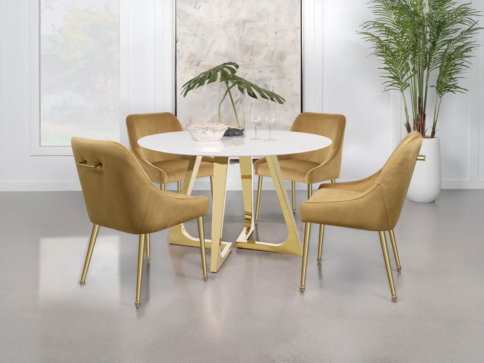 Gwynn Round Dining Table With Marble Top And Stainless Steel Base White And Gold 107171 - Ella Furniture