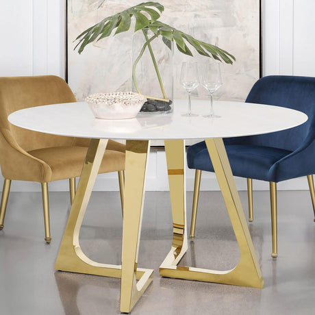 Gwynn Round Dining Table With Marble Top And Stainless Steel Base White And Gold 107171 - Ella Furniture