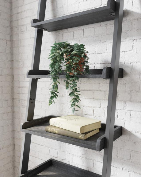 Yarlow Black Metal Engineered Dark Wood Grain Leaning Ladder 5 Shelves Bookcase - Ella Furniture