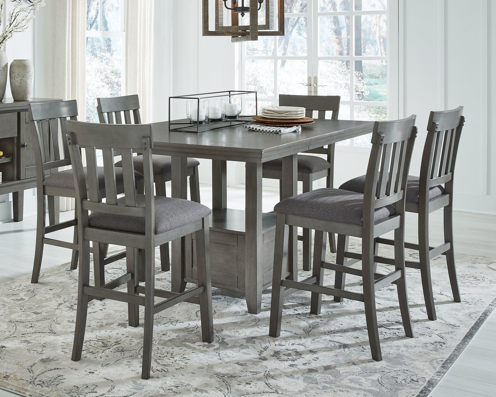 Hallanden Gray Counter Height Dining Table And 6 Barstools With Storage - Ella Furniture