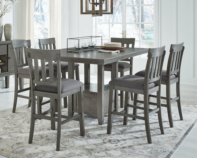 Hallanden Gray Counter Height Dining Table And 6 Barstools With Storage - Ella Furniture