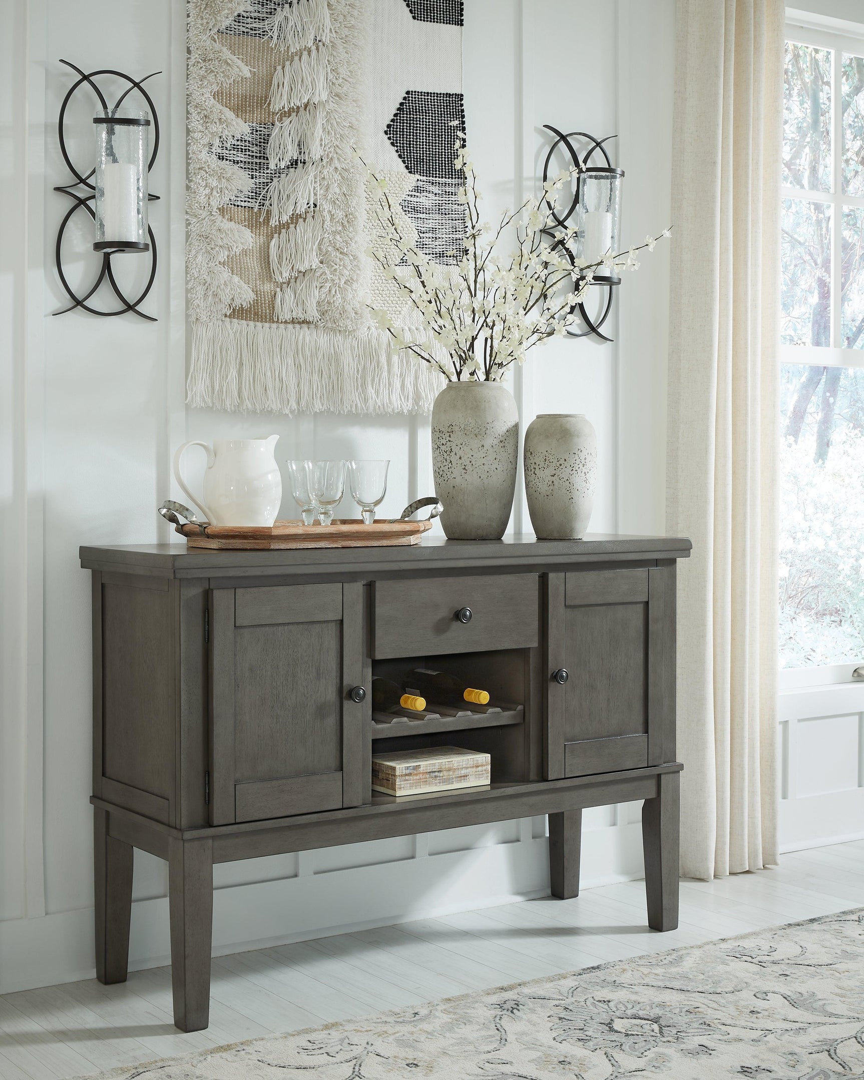 Hallanden Gray Counter Height Dining Table And 6 Barstools With Storage - Ella Furniture