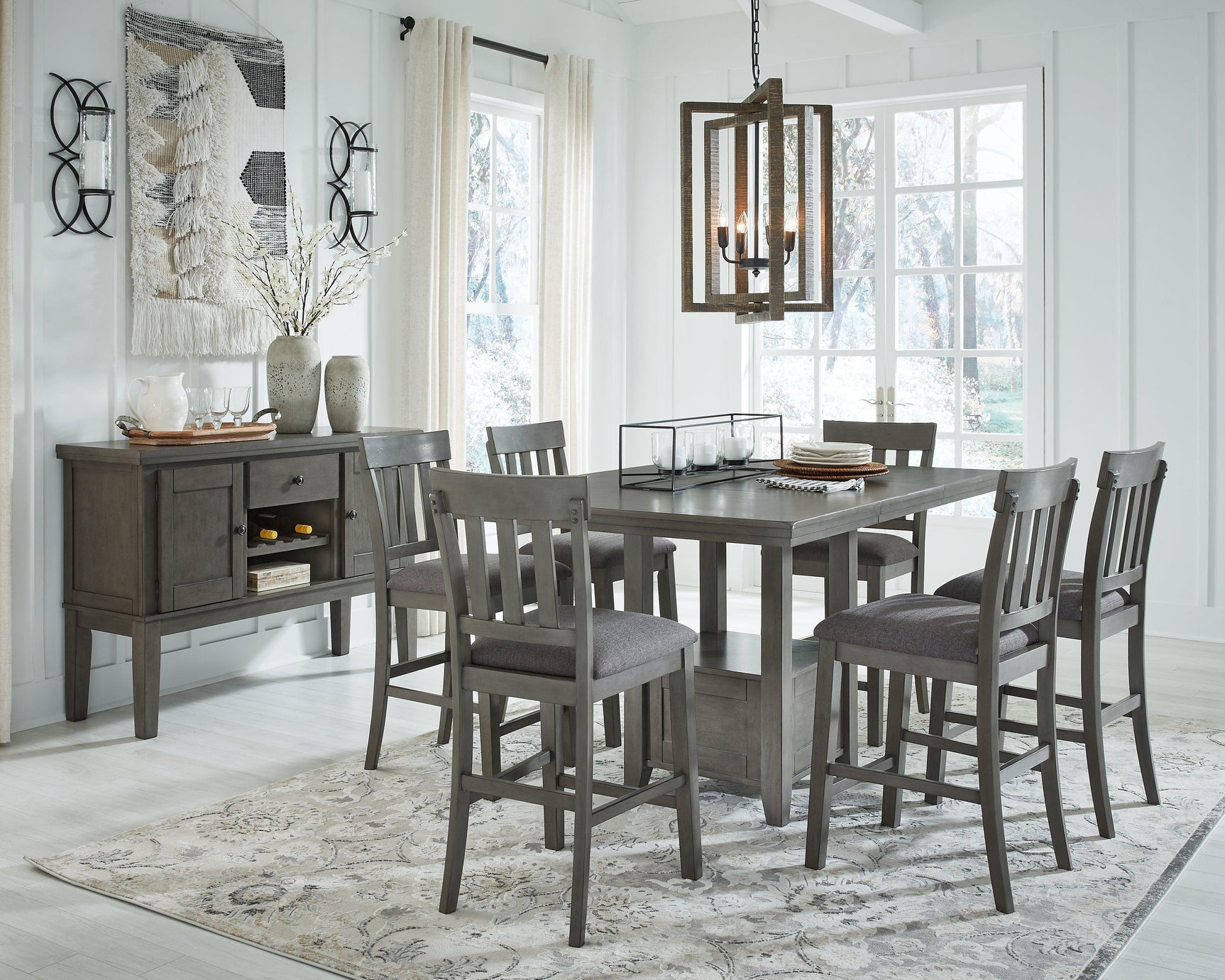 Hallanden Gray Counter Height Dining Table And 6 Barstools With Storage - Ella Furniture