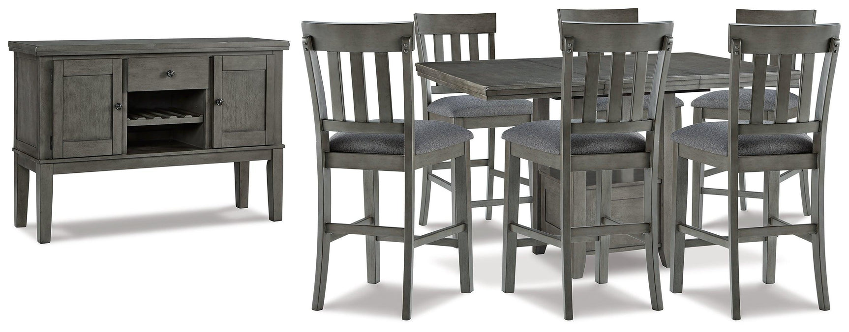 Hallanden Gray Counter Height Dining Table And 6 Barstools With Storage - Ella Furniture