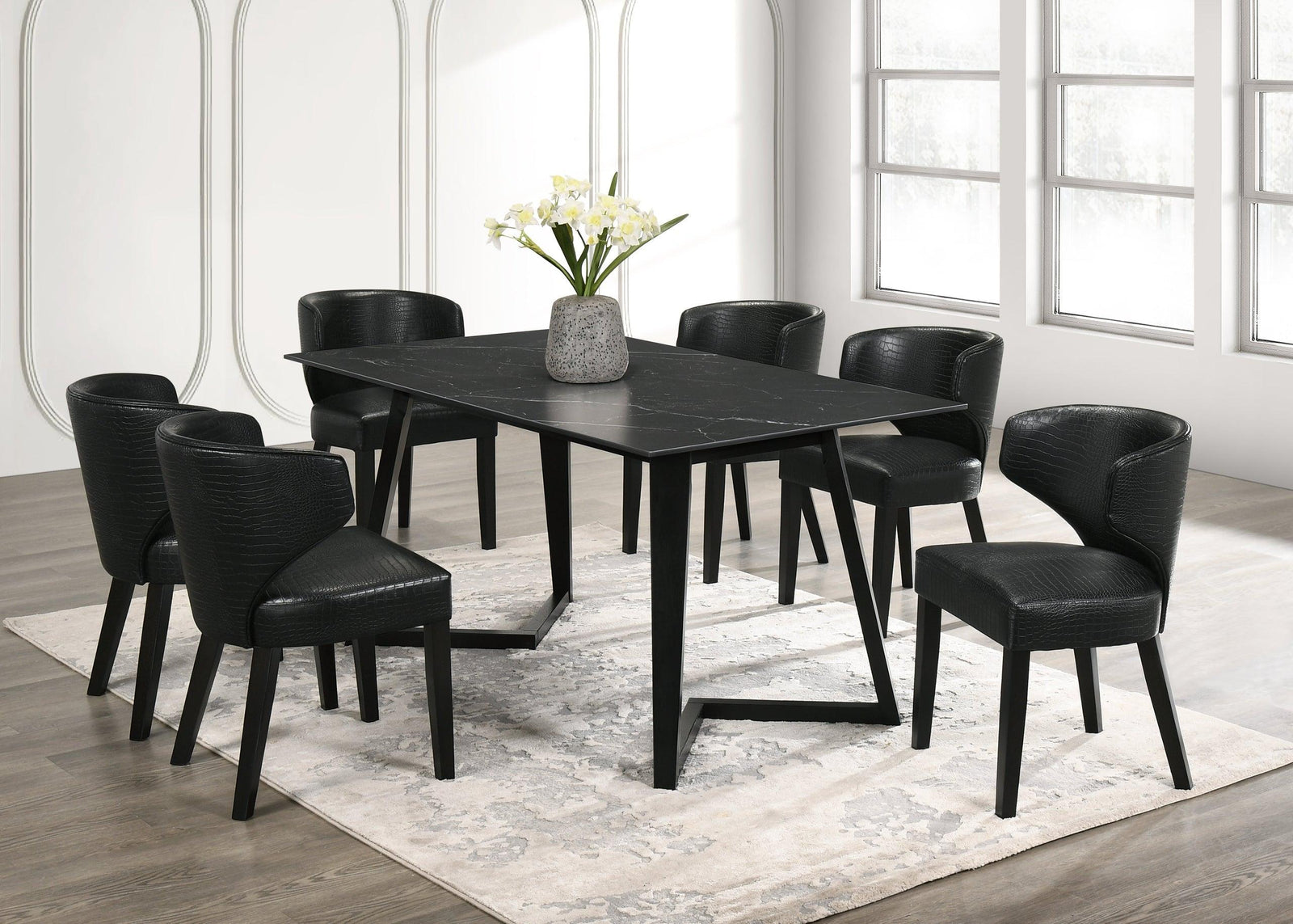Hamilton Onyx Pu Black Dining Table + 6 Chair Set - Ella Furniture