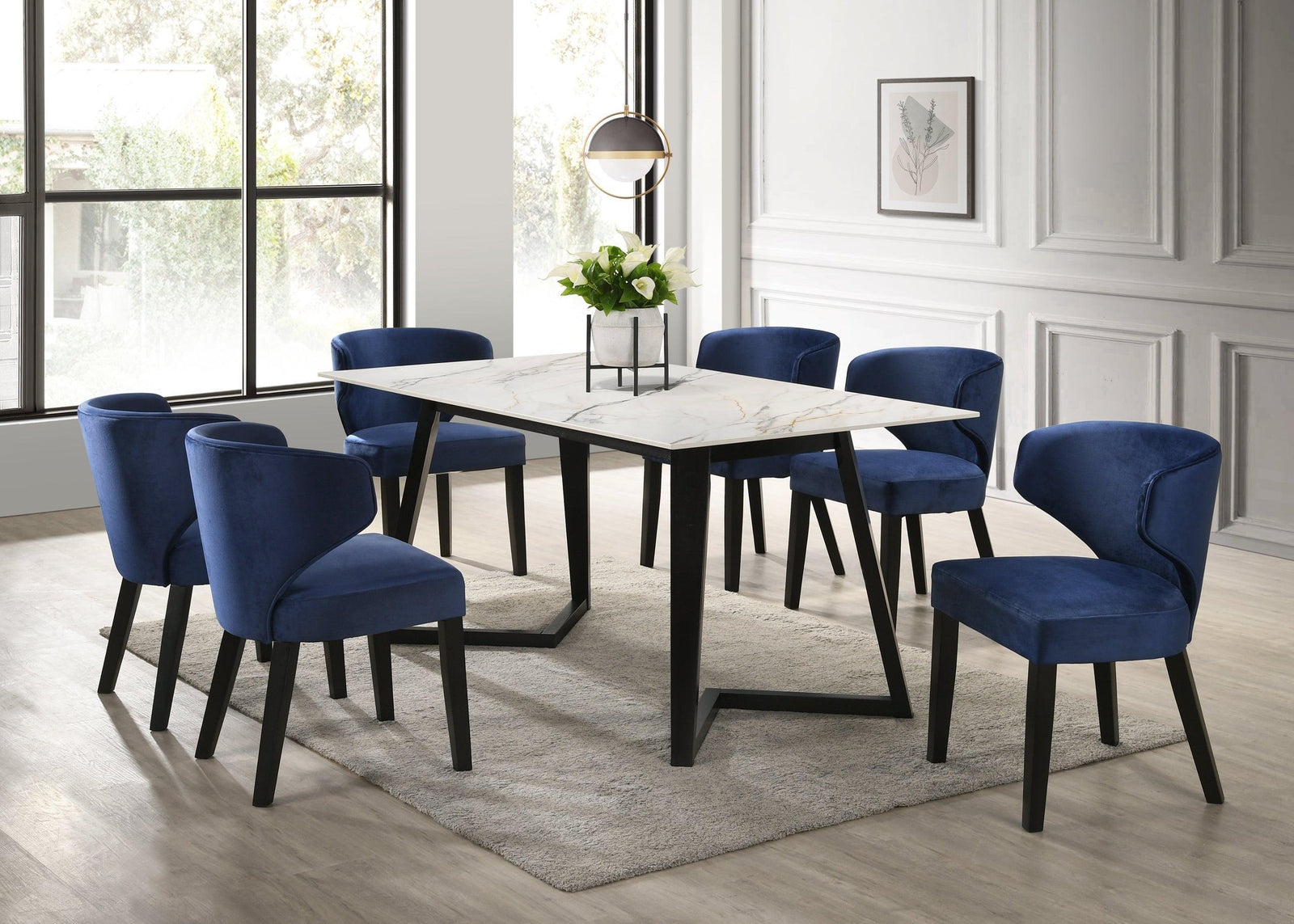 Hamilton White Blue Dining Table + 6 Chair Set - Ella Furniture
