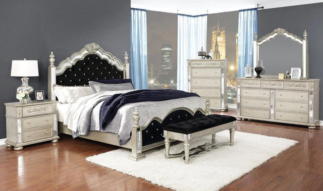 Heidi Metallic Platinum Upholstered Poster Bedroom Set - Ella Furniture