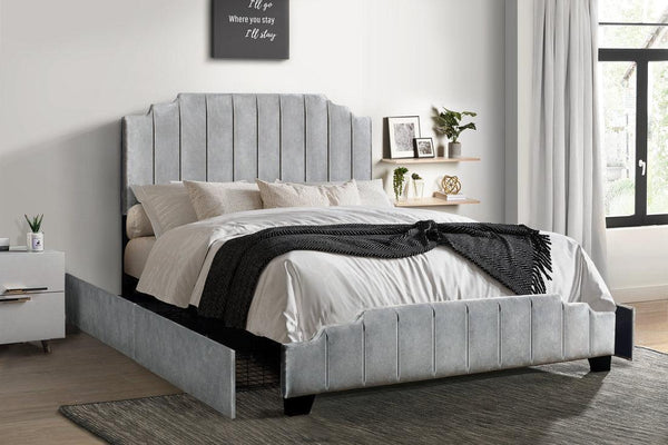Doom Gray Velvet Upholstered Platform Queen Bed