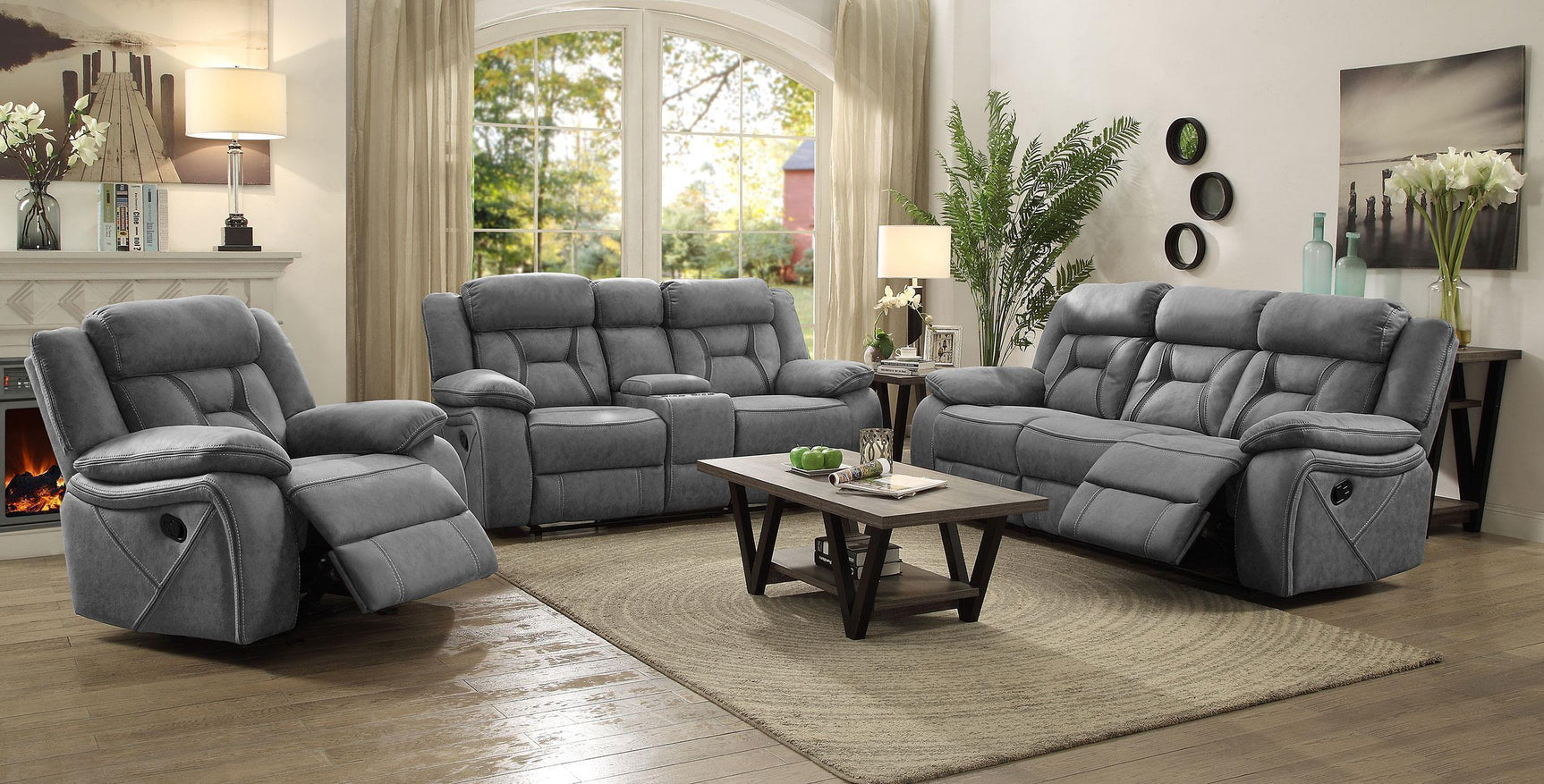 HIGGINS MOTION COLLECTION Houston Casual Stone Reclining Three-Piece Living Room Set 602261-S3 - Ella Furniture