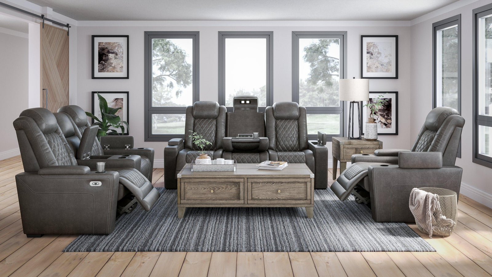 Hyllmont Gray Sofa, Loveseat And Recliner - Ella Furniture