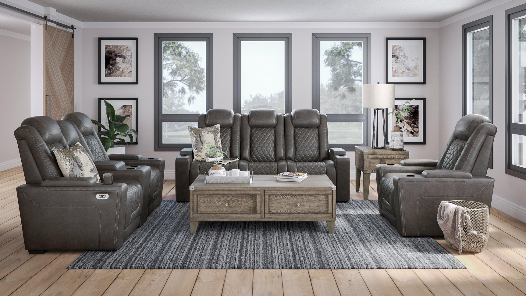 Hyllmont Gray Sofa, Loveseat And Recliner - Ella Furniture