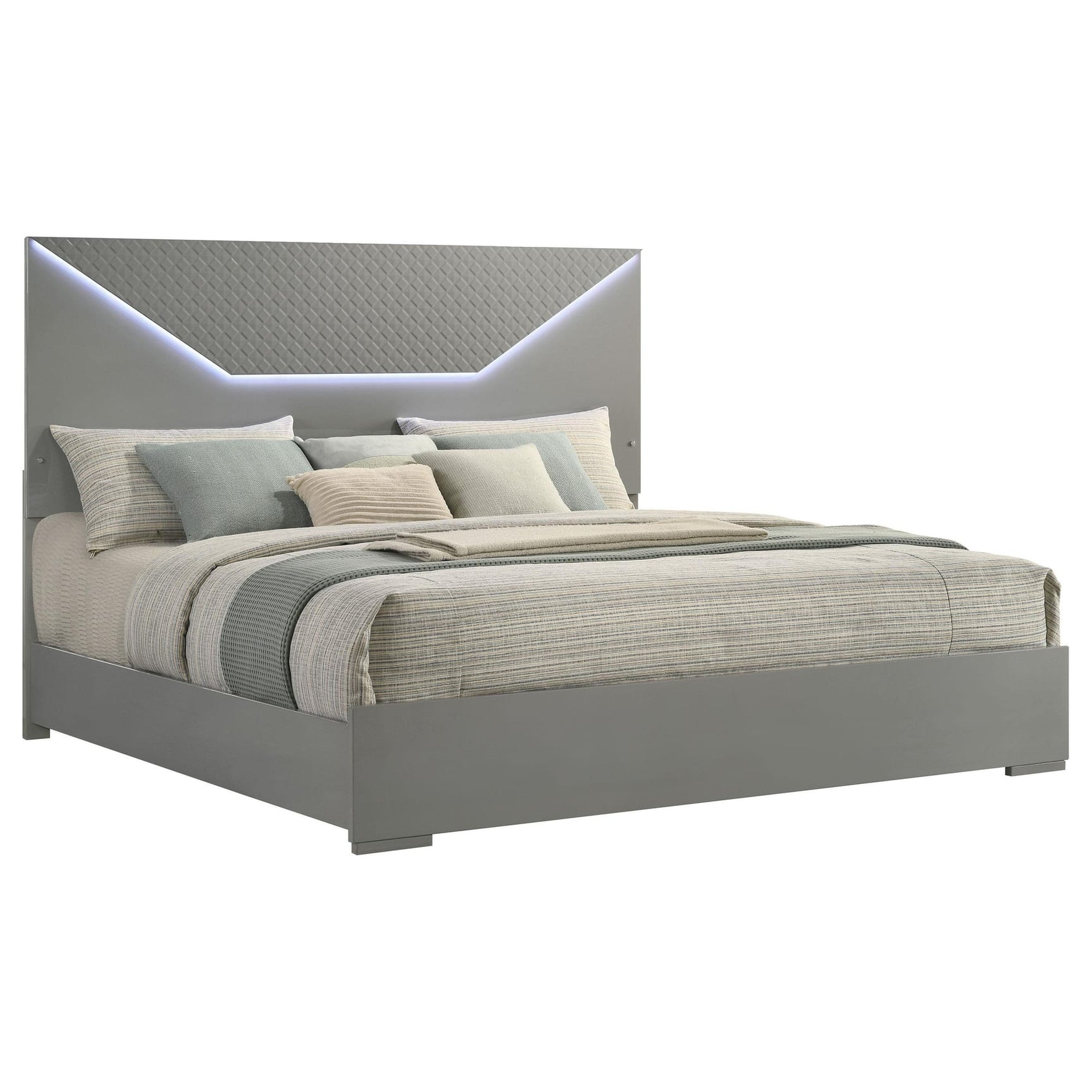 Ives Eastern King Panel Bed LED Headboard Grey High Gloss view 3