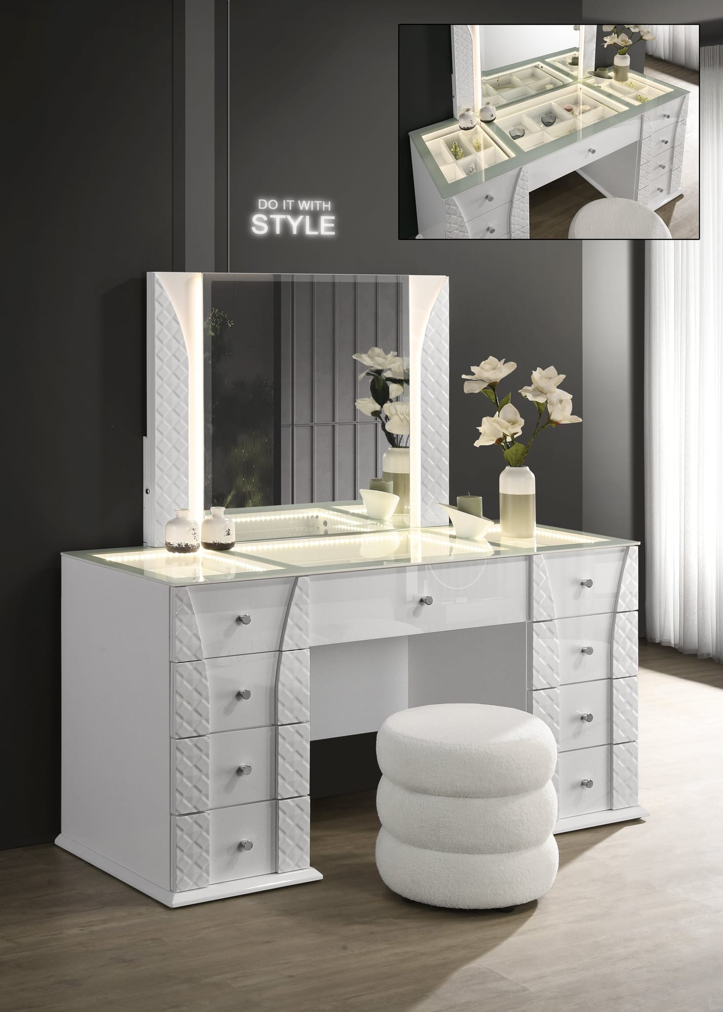Ivette White High Gloss Bedroom Set with LED Headboard view 4