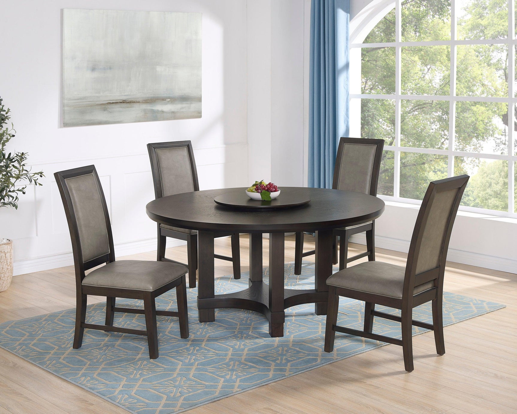 Jeffries Dark Brown Modern Solid Wood And Veneers Faux Leather Round Dining Room Set - Ella Furniture