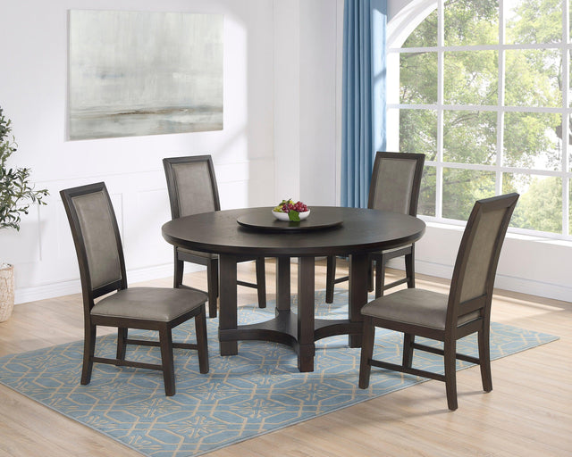 Jeffries Dark Brown Modern Solid Wood And Veneers Faux Leather Round Dining Room Set - Ella Furniture