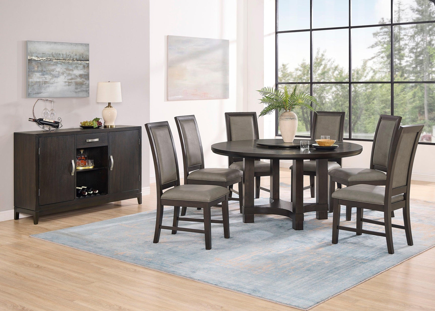 Jeffries Dark Brown Modern Solid Wood And Veneers Faux Leather Round Dining Room Set - Ella Furniture