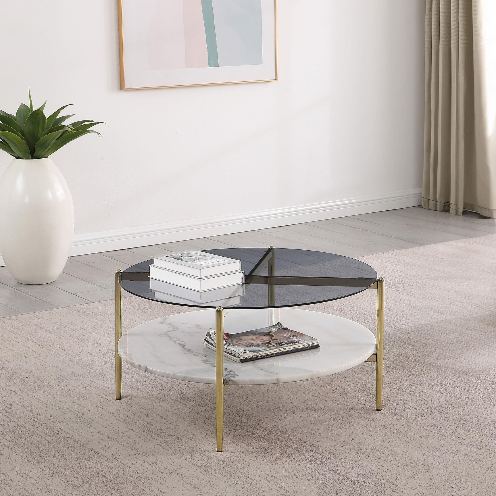 Jonelle Round Glass Top Coffee Table White Marble Shelf Gold 710338 - Ella Furniture