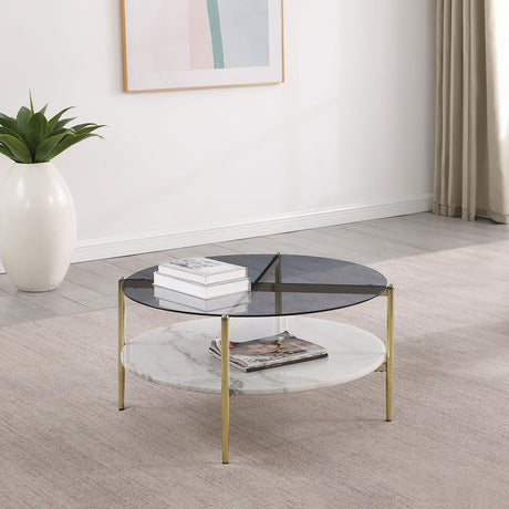 Jonelle Round Glass Top Coffee Table White Marble Shelf Gold 710338 - Ella Furniture