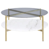Jonelle Round Glass Top Coffee Table White Marble Shelf Gold 710338 - Ella Furniture