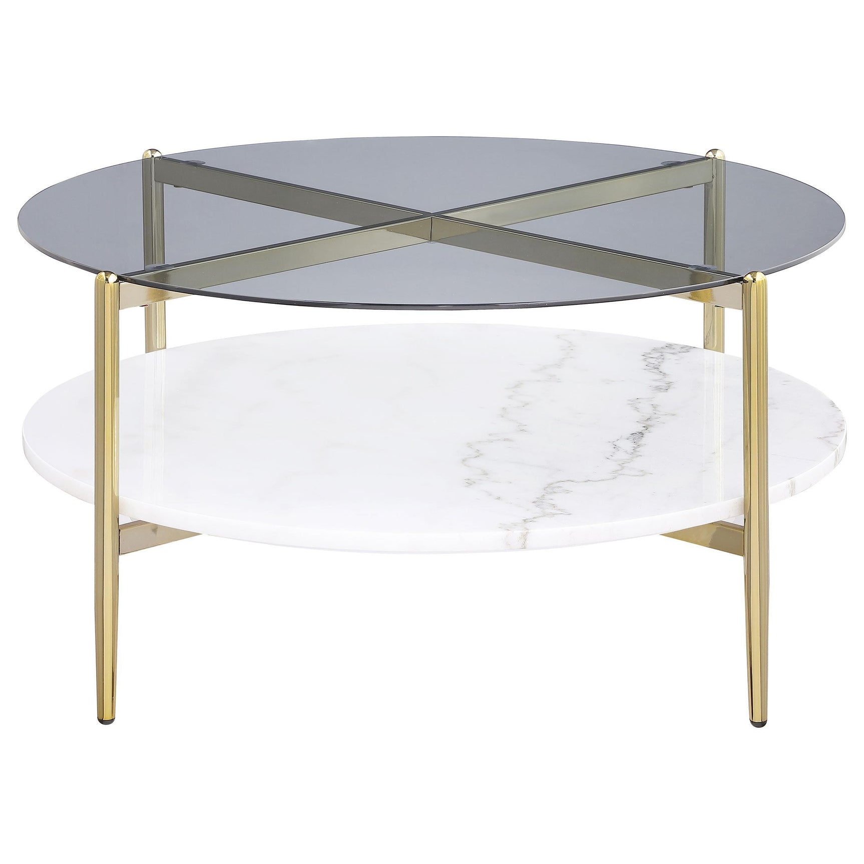 Jonelle Round Glass Top Coffee Table White Marble Shelf Gold 710338 - Ella Furniture