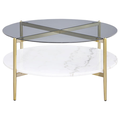 Jonelle Round Glass Top Coffee Table White Marble Shelf Gold 710338 - Ella Furniture