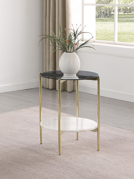 Jonelle Round Glass Top End Table White Marble Shelf Gold 710337 - Ella Furniture