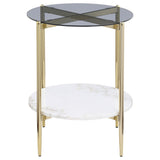 Jonelle Round Glass Top End Table White Marble Shelf Gold 710337 - Ella Furniture