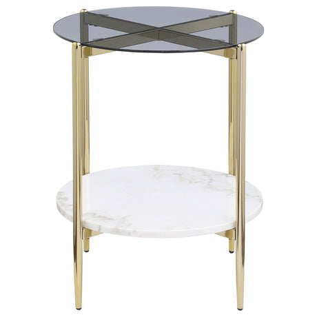 Jonelle Round Glass Top End Table White Marble Shelf Gold 710337 - Ella Furniture