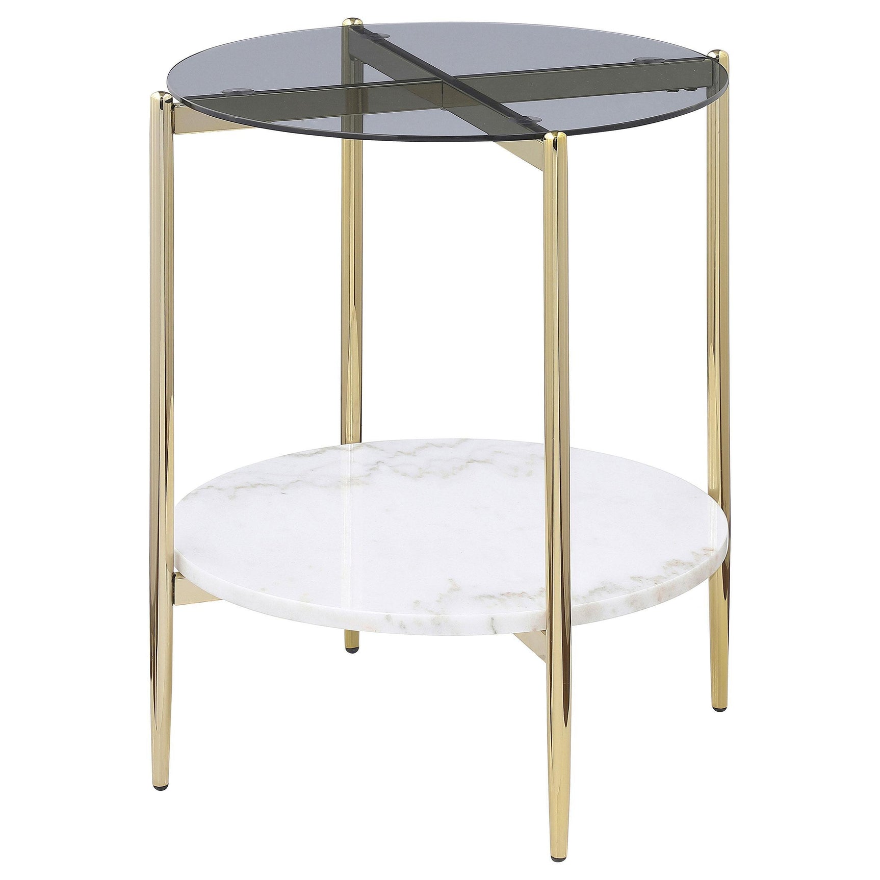 Jonelle Round Glass Top End Table White Marble Shelf Gold 710337 - Ella Furniture