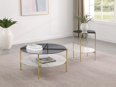 Jonelle Round Glass Top End Table White Marble Shelf Gold 710337 - Ella Furniture