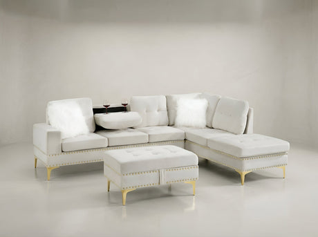 Joy II Beige Velvet Sectional with Gold Accents, Storage Ottoman, and Cupholder Table view 3