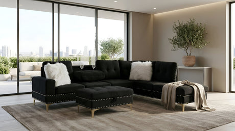 Joy II Black Velvet Sectional with Gold Accents, Storage Ottoman, and Cupholder Table from Ella Furniture