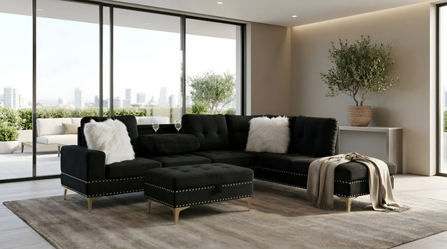 Joy II Black Velvet Sectional with Gold Accents, Storage Ottoman, and Cupholder Table from Ella Furniture